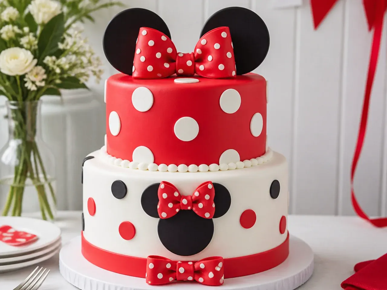 Two-tier classic stacked polka dot Minnie Mouse cake design