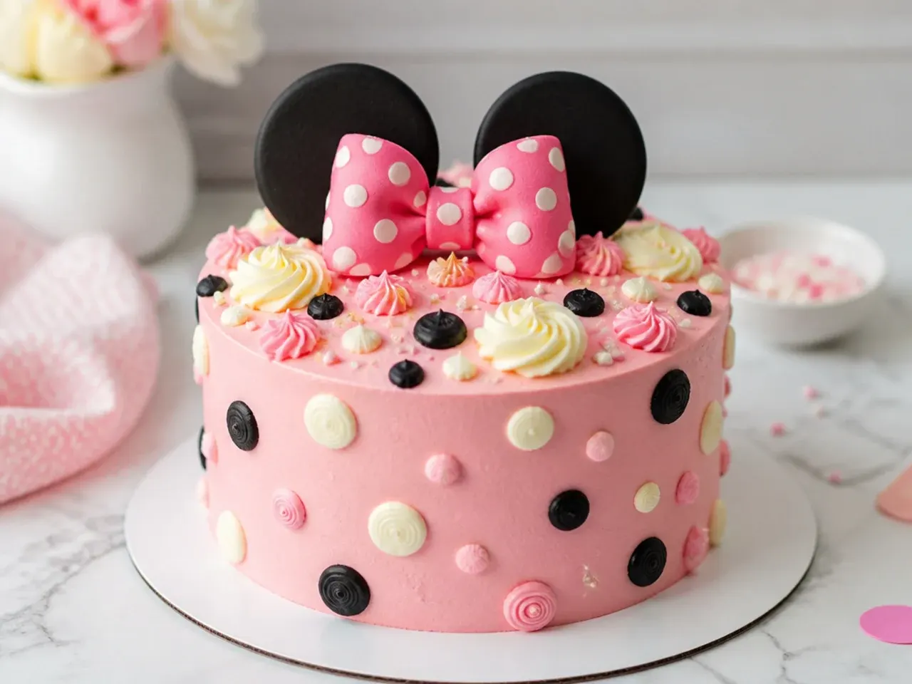 Easy no-fondant buttercream-only Minnie Mouse cake design with piped dots