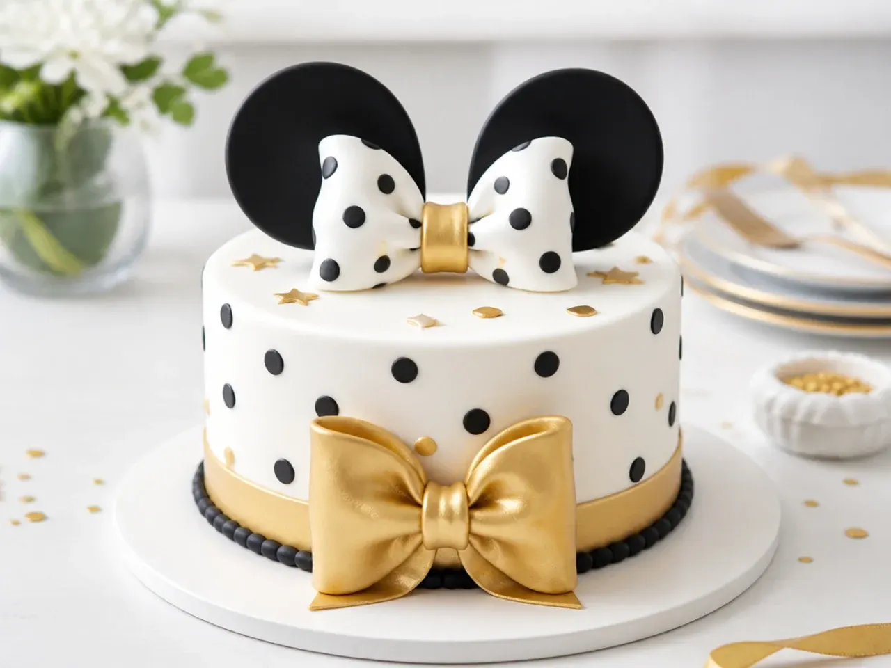 Elegant metallic gold accent black and white Minnie Mouse cake design
