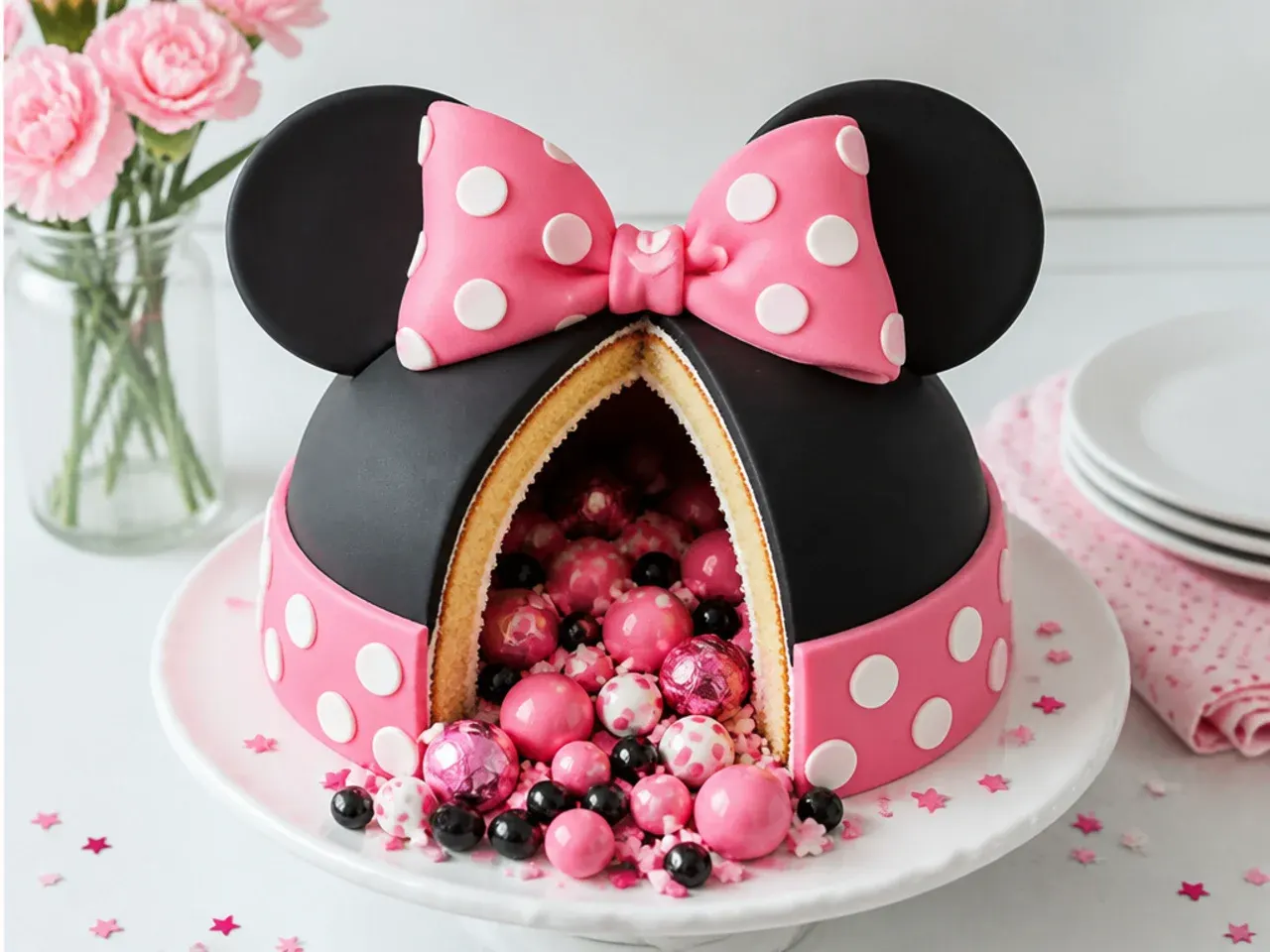 Playful pinata surprise-inside Minnie Mouse cake design with sweets spilling out