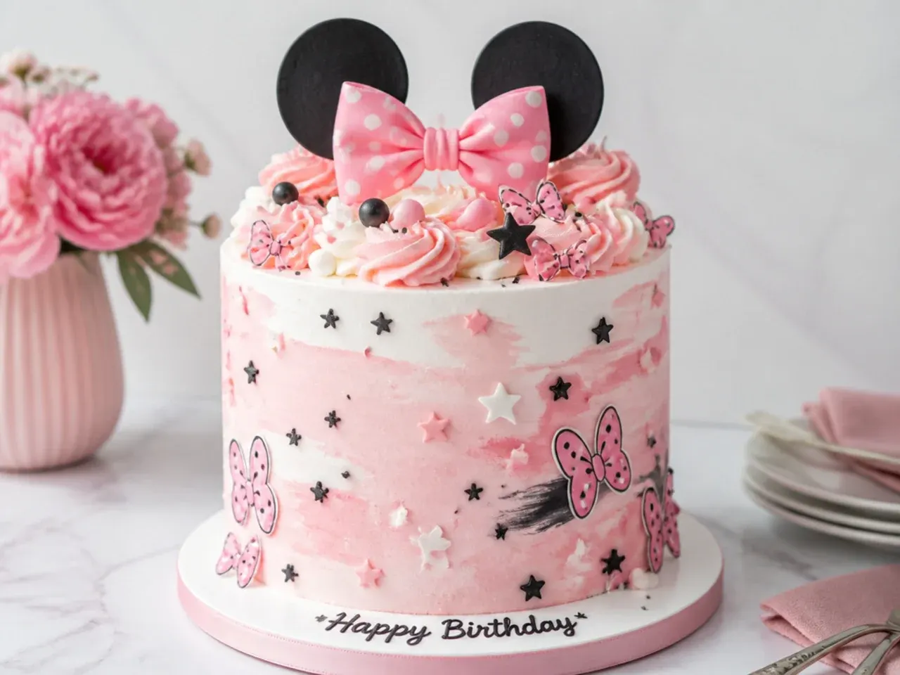 Modern watercolor buttercream Minnie Mouse cake design in pink and black