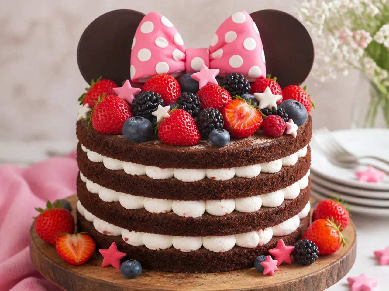 Rustic naked Minnie Mouse cake design with fresh berries and bow