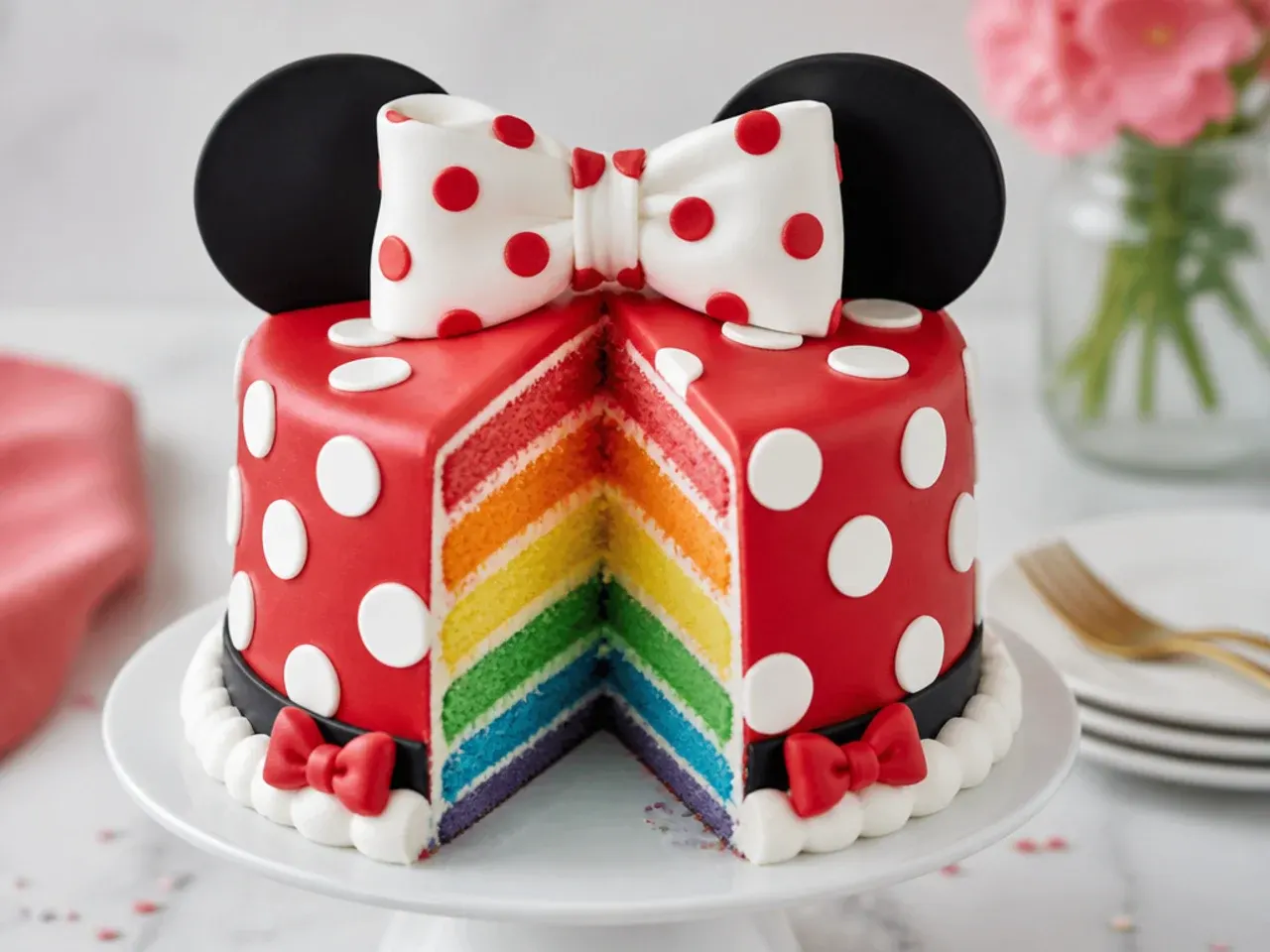 Colorful hidden rainbow layer Minnie Mouse cake design with polka dot exterior