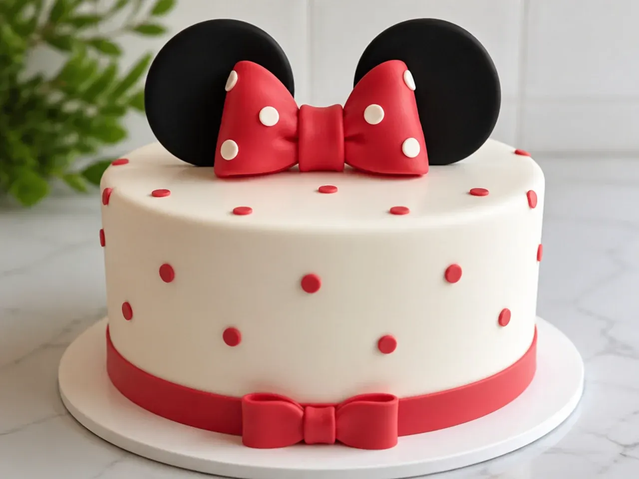 Minimal single-dot accent Minnie Mouse cake design with small bow