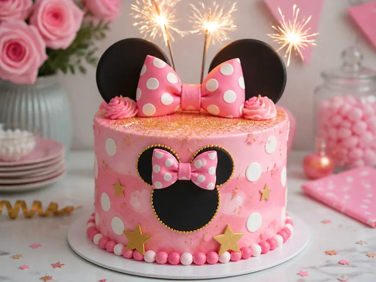 Festive Minnie Mouse cake design with sparkler candles and edible glitter