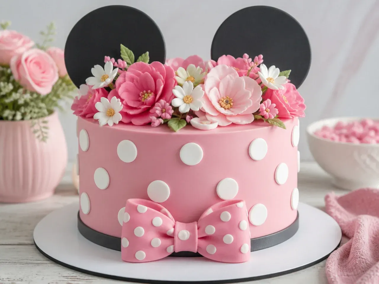 Whimsical floral crown Minnie Mouse cake design with polka dot body