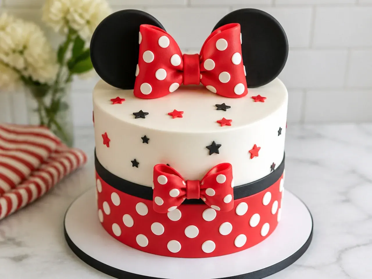 Bold color-block red white and black Minnie Mouse cake design