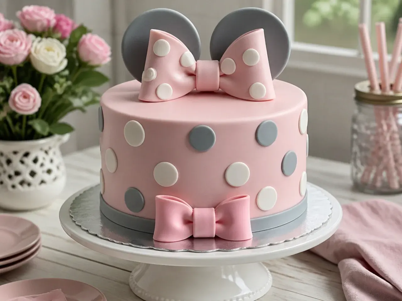 Delicate pastel polka dot Minnie Mouse cake design in blush and grey