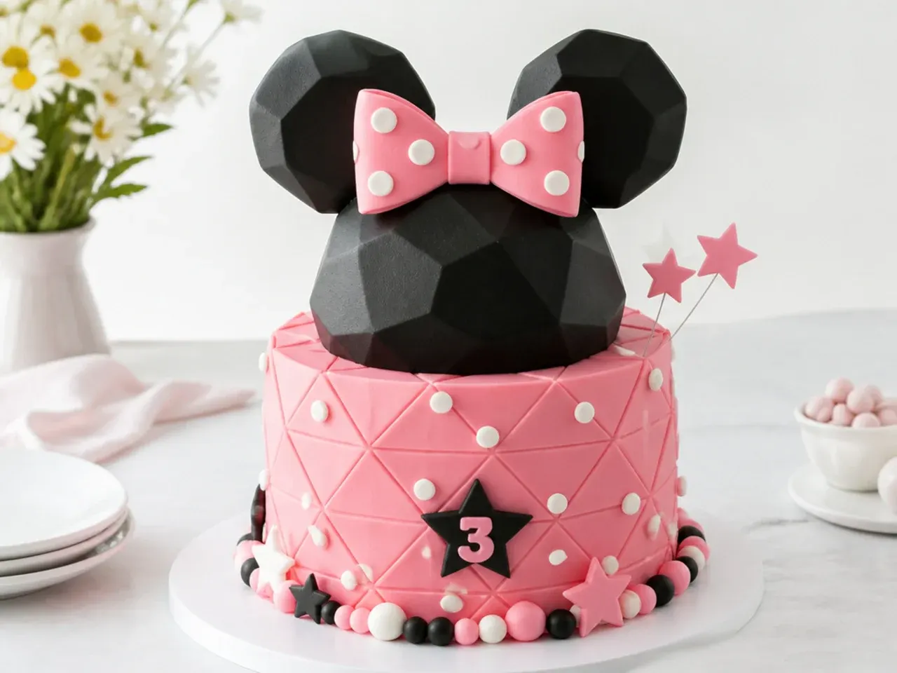 Creative geometric faceted Minnie Mouse cake design in classic colors