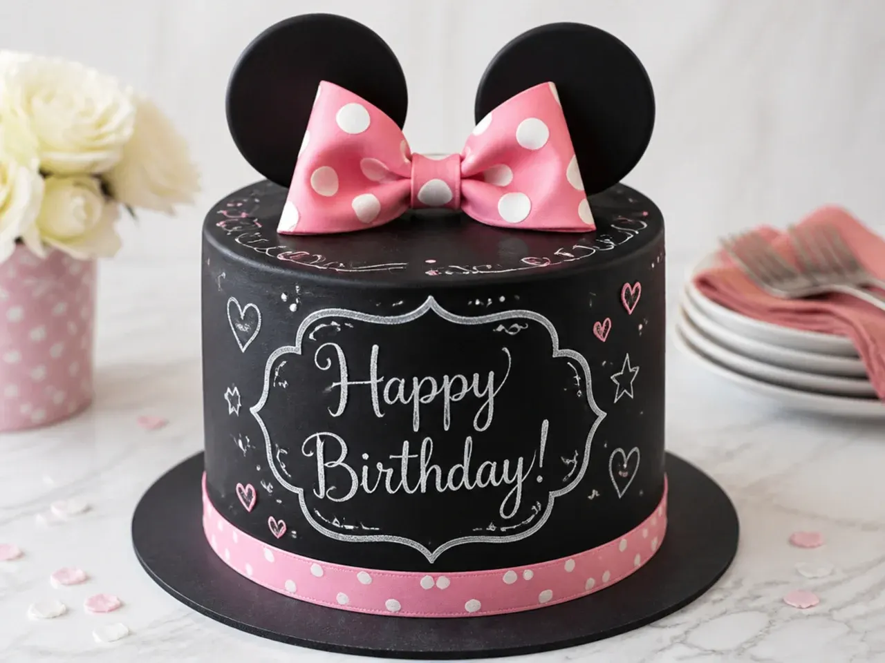 Charming chalkboard-effect black Minnie Mouse cake design with white message