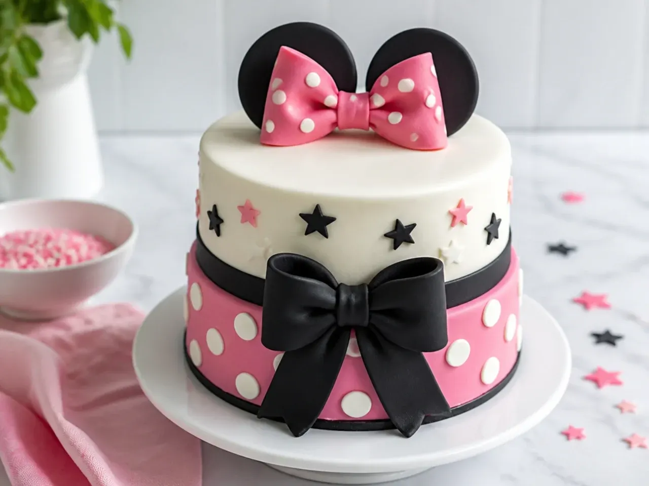 Tips to make Minnie Mouse cake designs easier with fondant bows and chilled layers