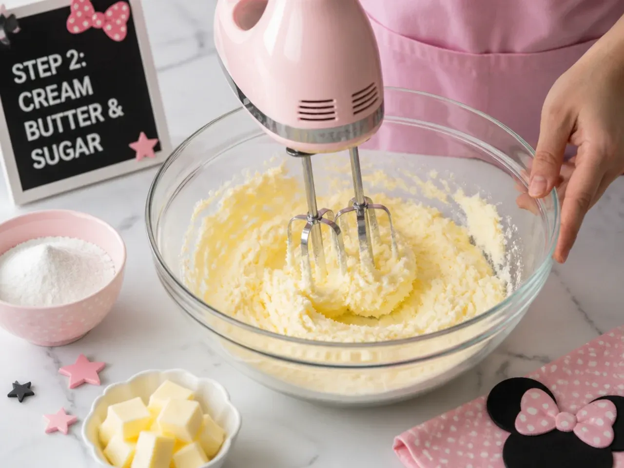 minnie mouse cake for girls — step 2: cream butter and sugar