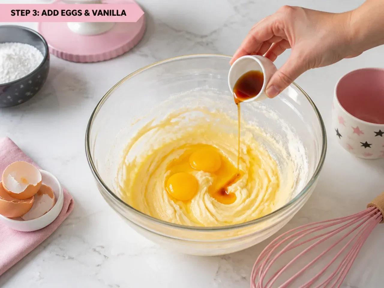 minnie mouse cake for girls — step 3: add eggs and vanilla