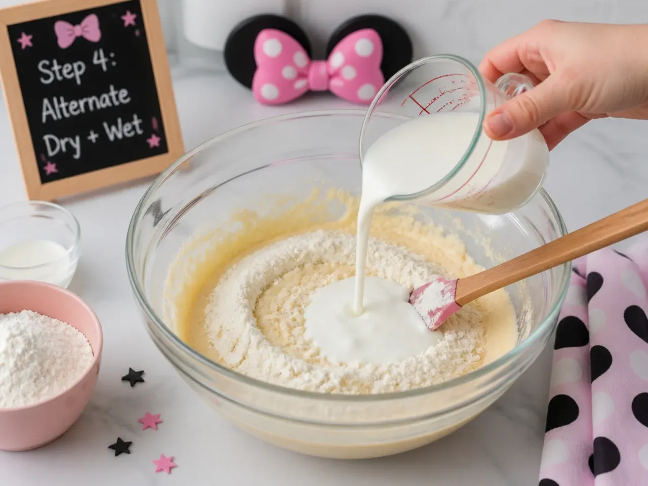 minnie mouse cake for girls — step 4: alternate dry and wet