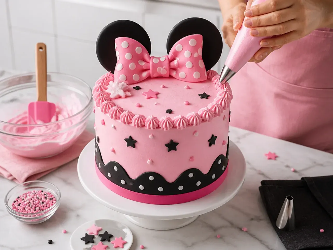 minnie mouse cake for girls — step 7: make buttercream and decorate