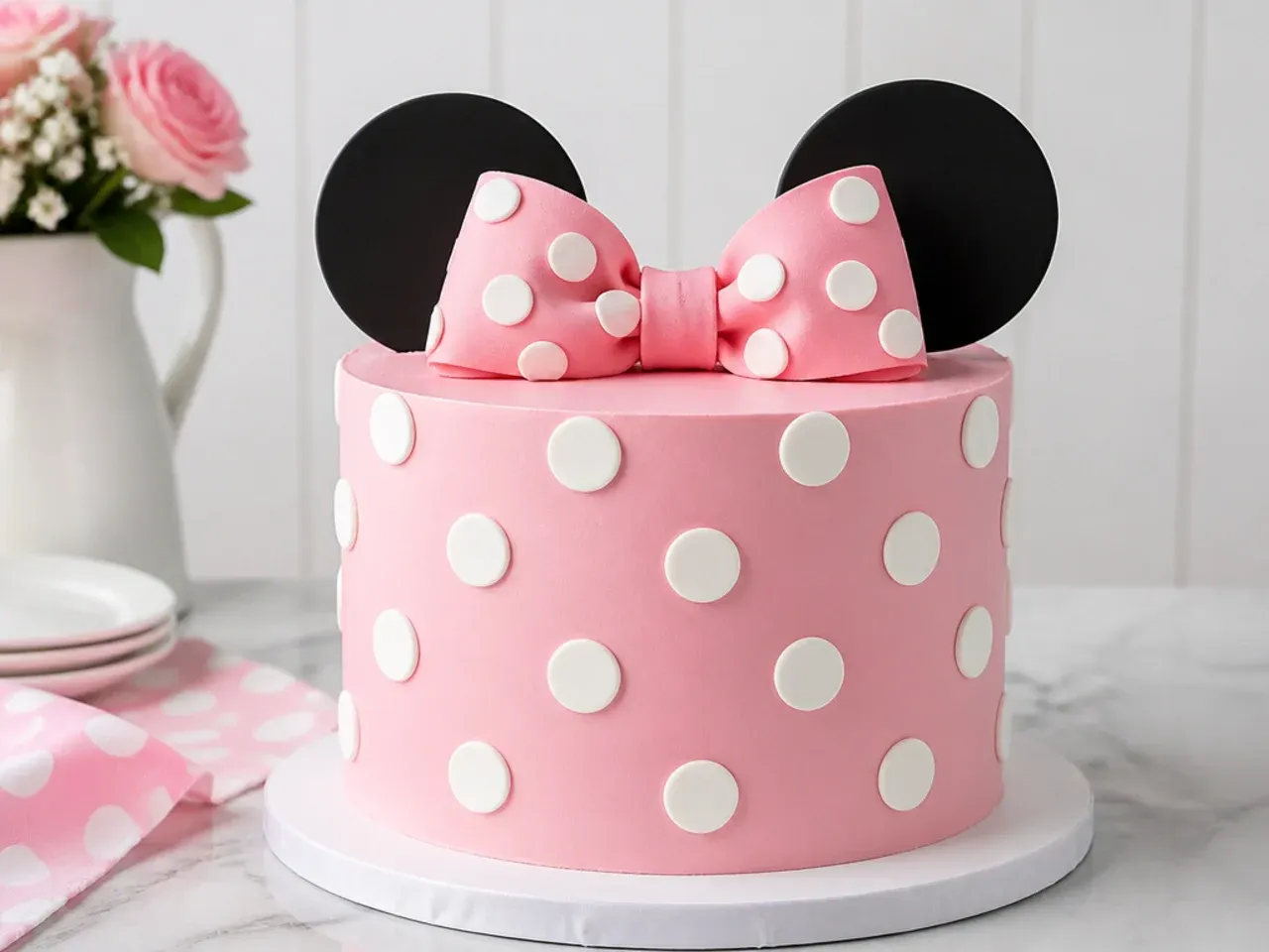Classic polka-dot Minnie Mouse cake for girls in pink buttercream with white dots and inspired ears