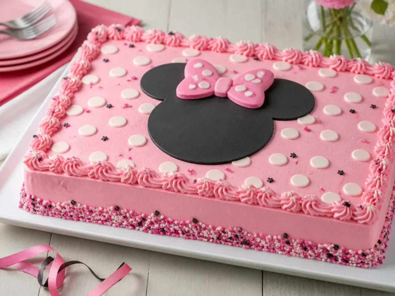 Easy one-layer Minnie Mouse sheet cake for a girls' birthday with pink frosting and polka dots