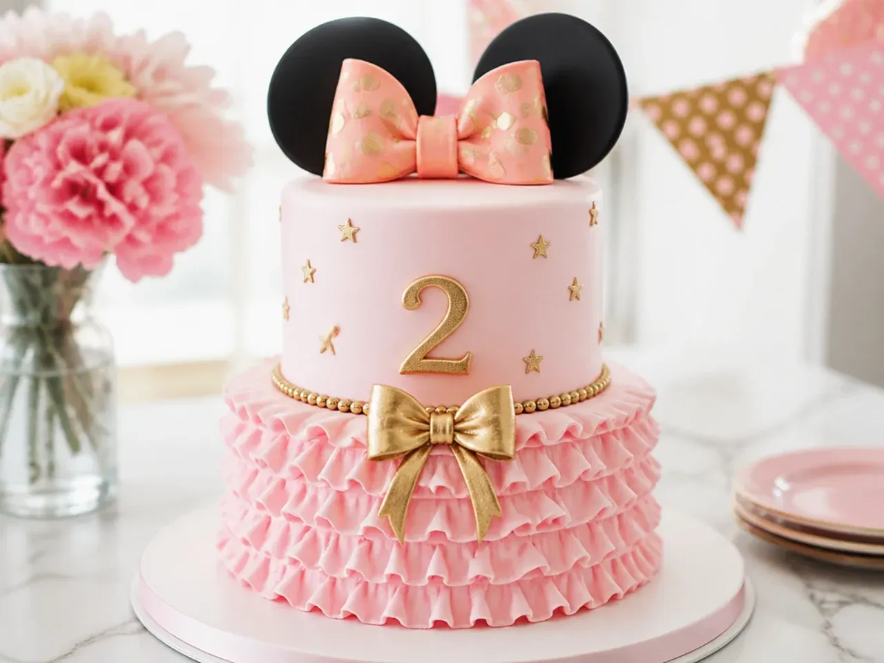 Elegant pink and gold tiered Minnie Mouse birthday cake for girls with ruffles and a bow