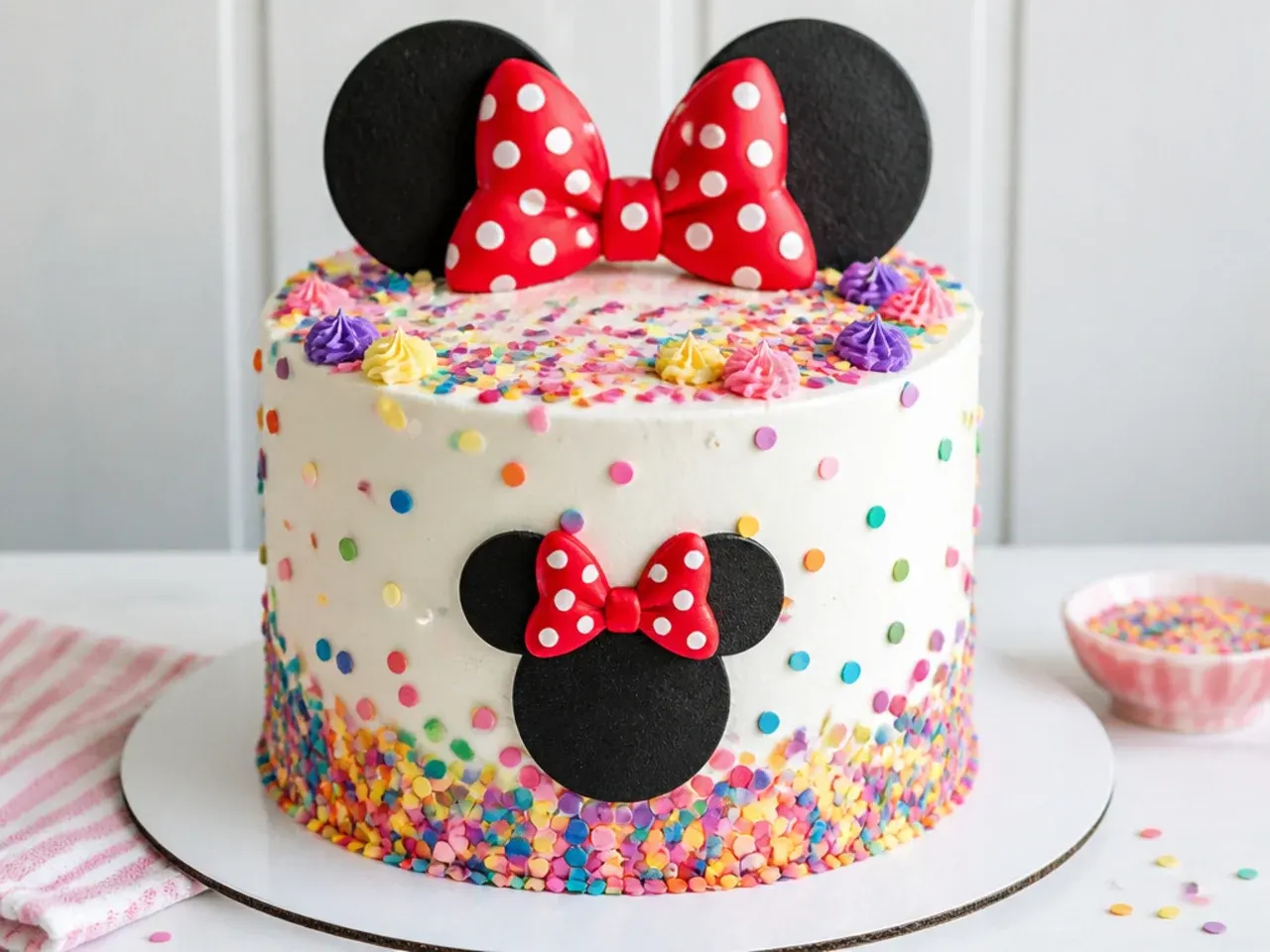 Playful rainbow confetti Minnie Mouse cake for girls with sprinkles and a red-and-white bow