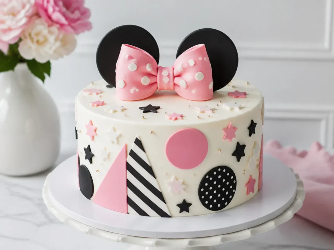 Modern geometric Minnie Mouse cake for girls in white buttercream with black and pink accents