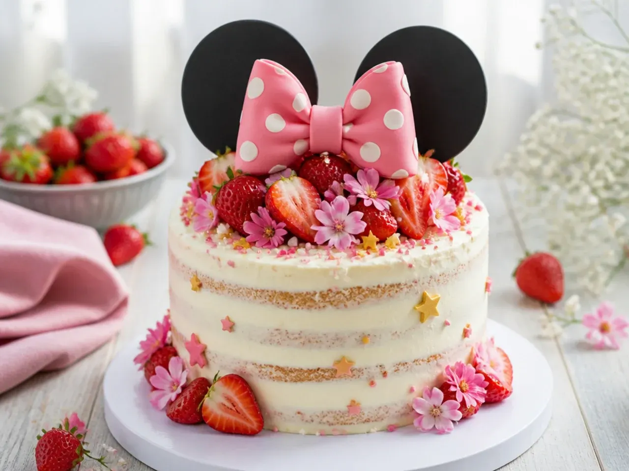 Rustic semi-naked Minnie Mouse cake for girls topped with fresh strawberries and edible flowers