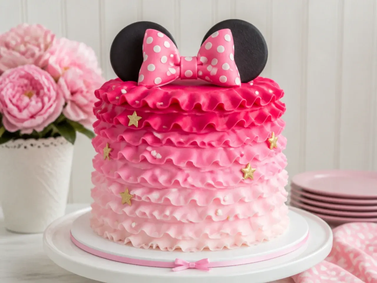 Colorful ombre ruffle Minnie Mouse cake for girls fading from magenta to pale pink
