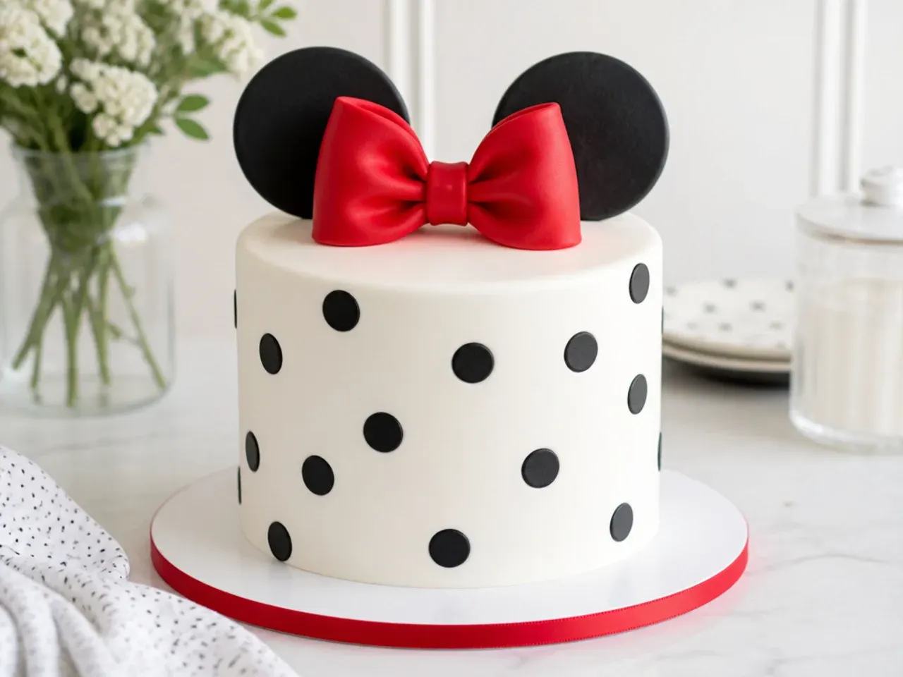 Minimal white Minnie Mouse cake for girls with black polka dots and a bold red bow