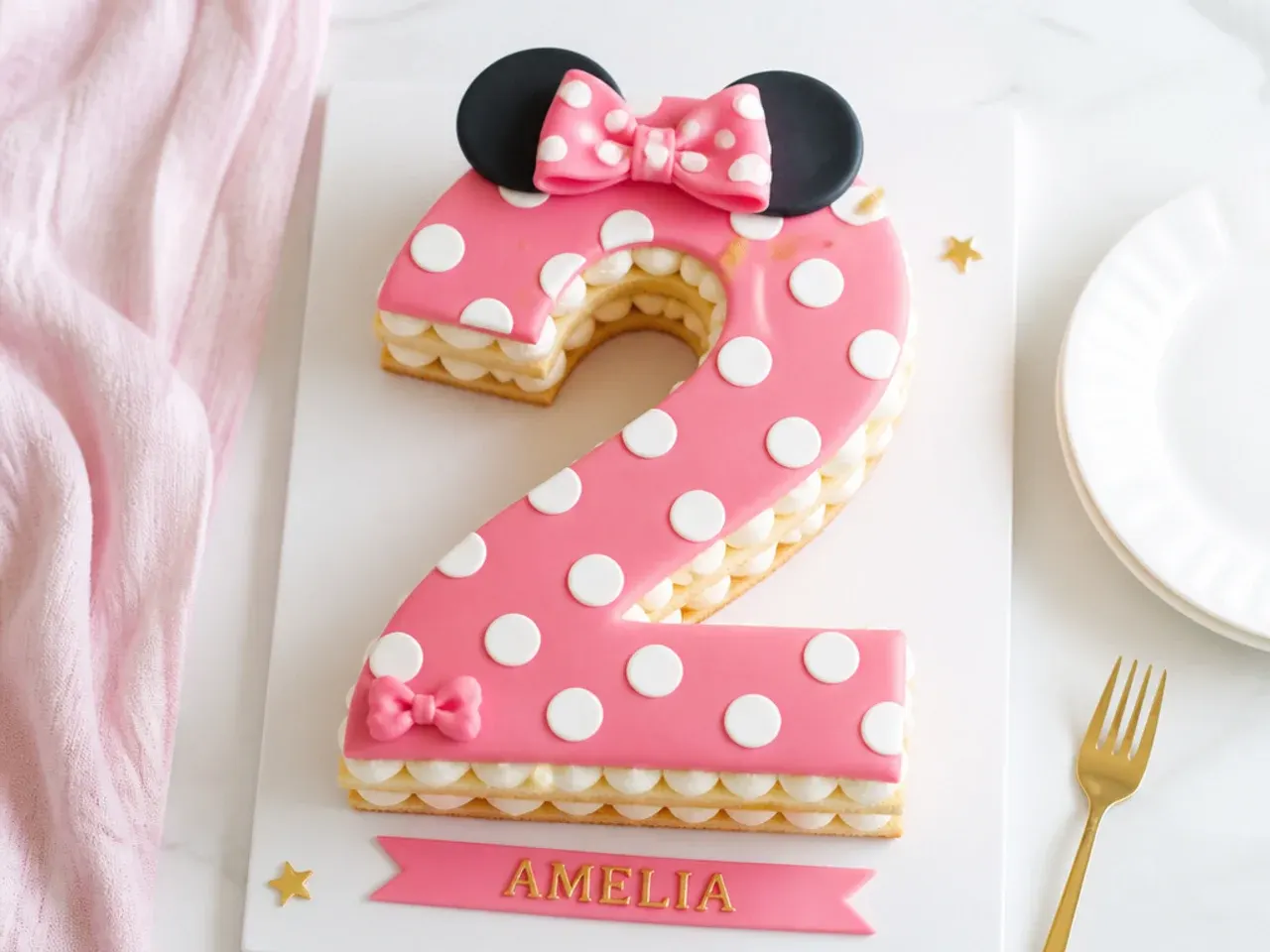Festive number cake for a Minnie Mouse birthday girl covered in white polka dots