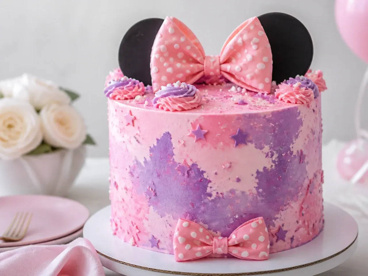 Whimsical watercolor Minnie Mouse cake for girls with blended pink and lilac buttercream