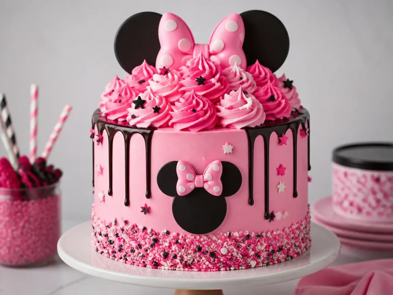 Bold pink drip Minnie Mouse cake for girls with ganache drips and a piled buttercream top