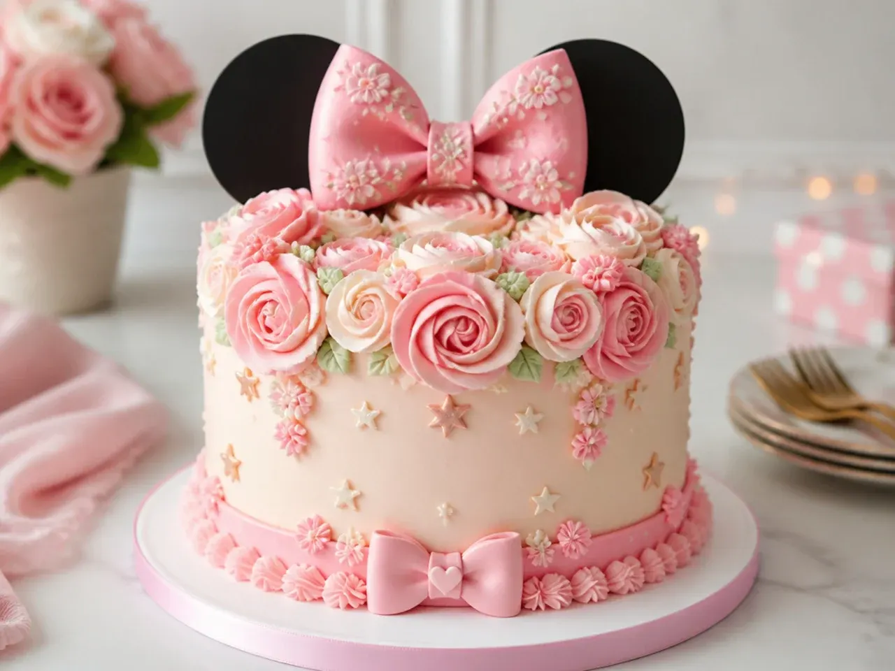 Delicate floral bow Minnie Mouse cake for girls made with piped buttercream flowers