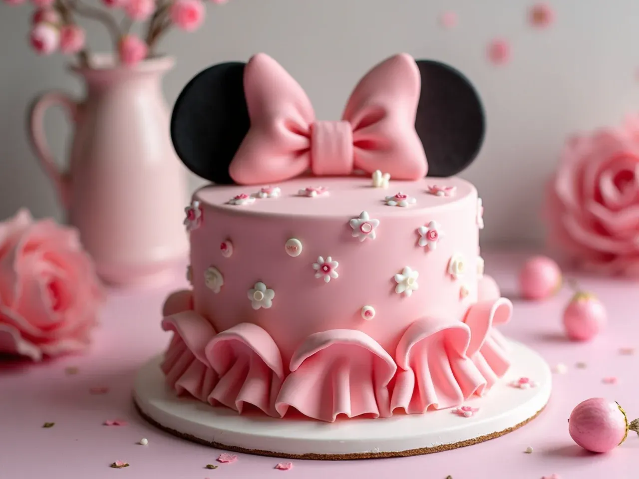 Vintage ruffle-skirt Minnie Mouse cake for girls in antique rose with pearl shimmer