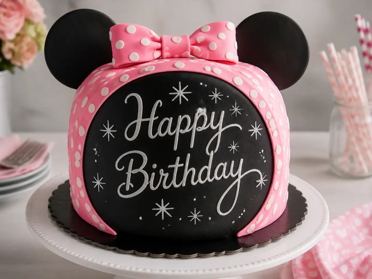 Charming chalkboard Minnie Mouse cake for girls with white piped script on black fondant