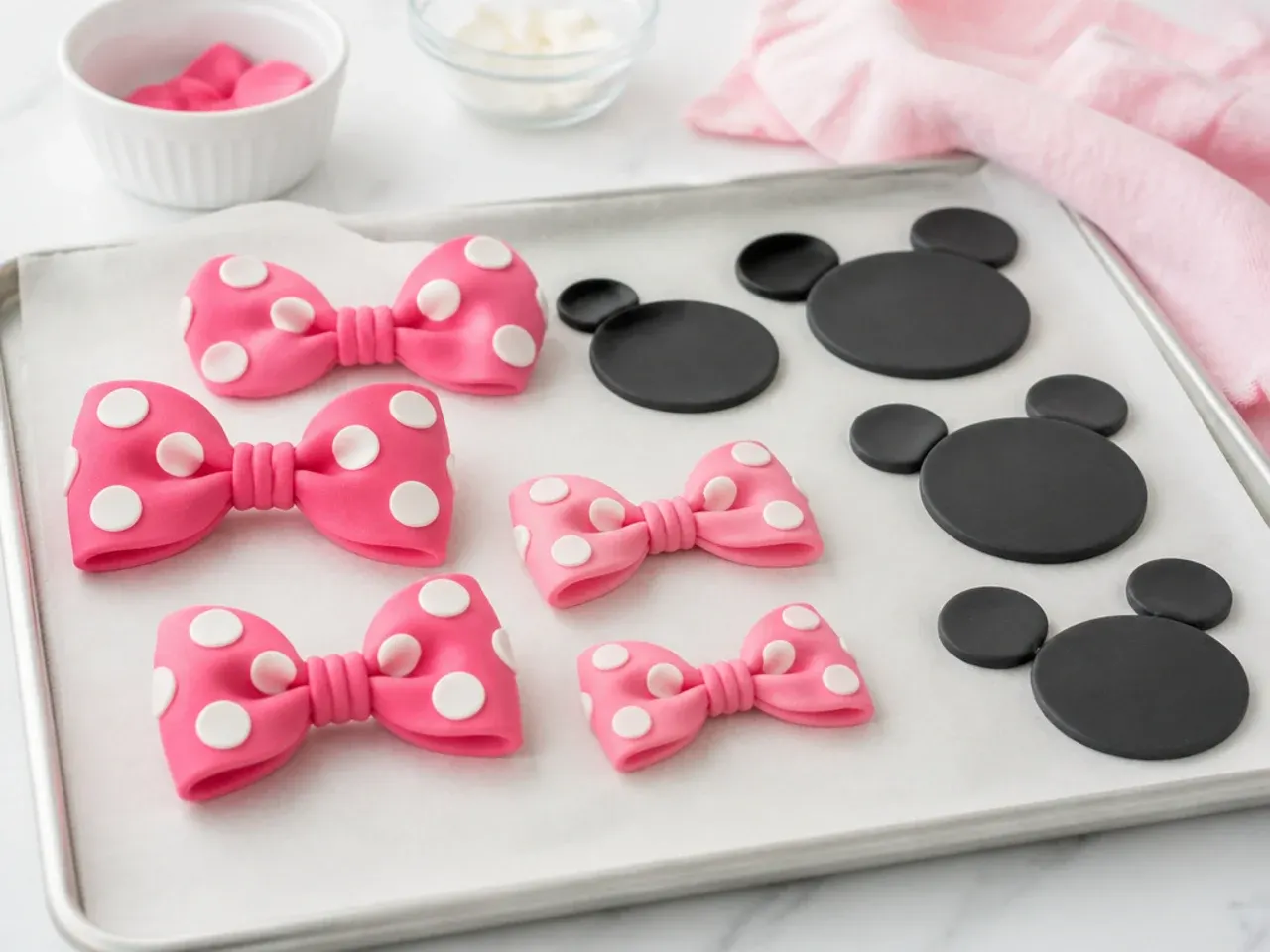 Fondant bows and ears drying on parchment as easy prep tips for a Minnie Mouse cake