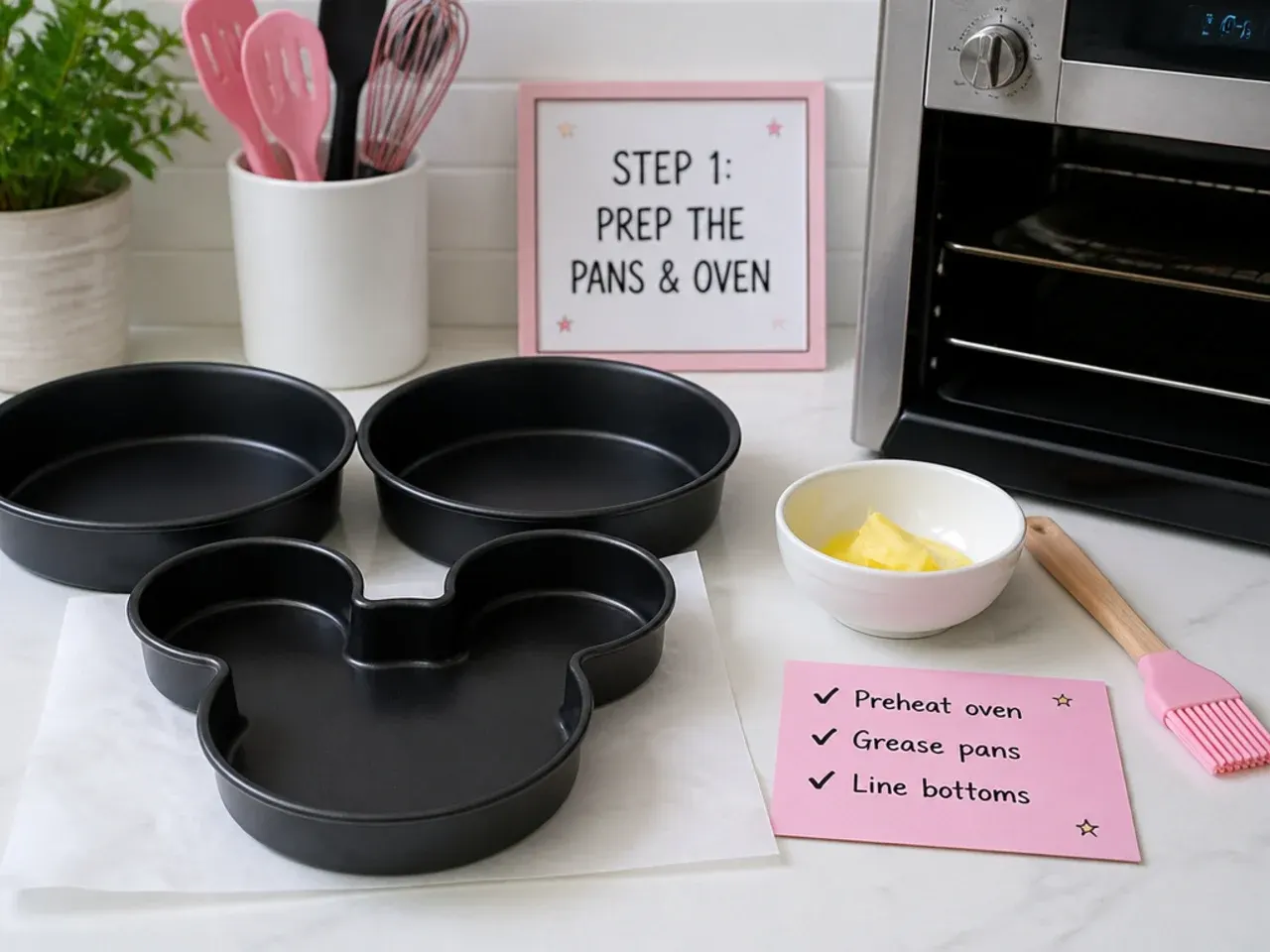 minnie mouse cake ideas — step 1: prep the pans and oven
