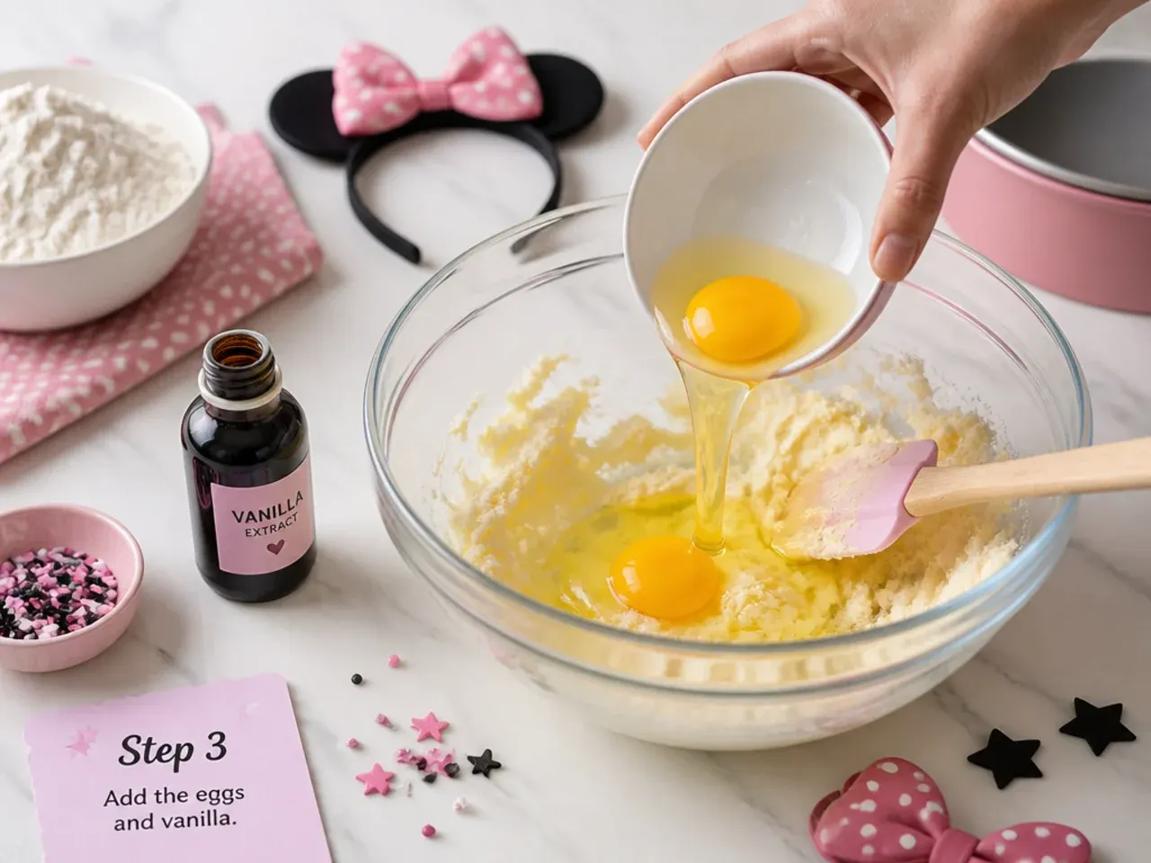 minnie mouse cake ideas — step 3: add the eggs and vanilla