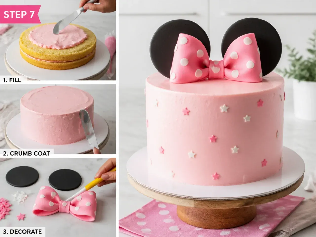 minnie mouse cake ideas — step 7: fill, crumb coat and decorate