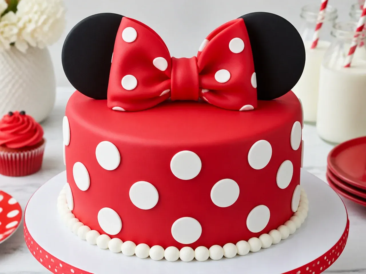 Classic red and white polka dot Minnie Mouse cake idea with a large fondant bow on top