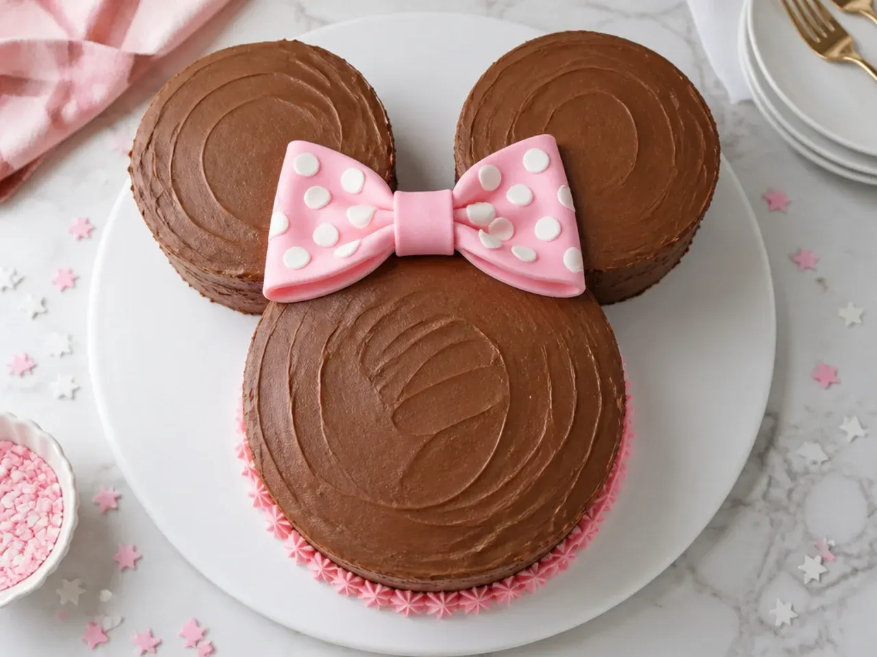Easy Minnie Mouse birthday cake idea made from three round cakes with chocolate frosting and a pink bow