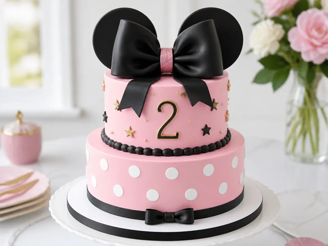 Elegant two-tier blush pink Minnie Mouse cake idea with an oversized black fondant bow