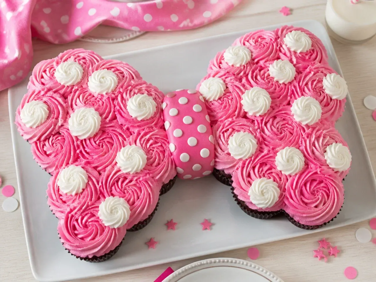Playful pull-apart cupcake Minnie Mouse cake idea shaped like a bow with polka dot swirls