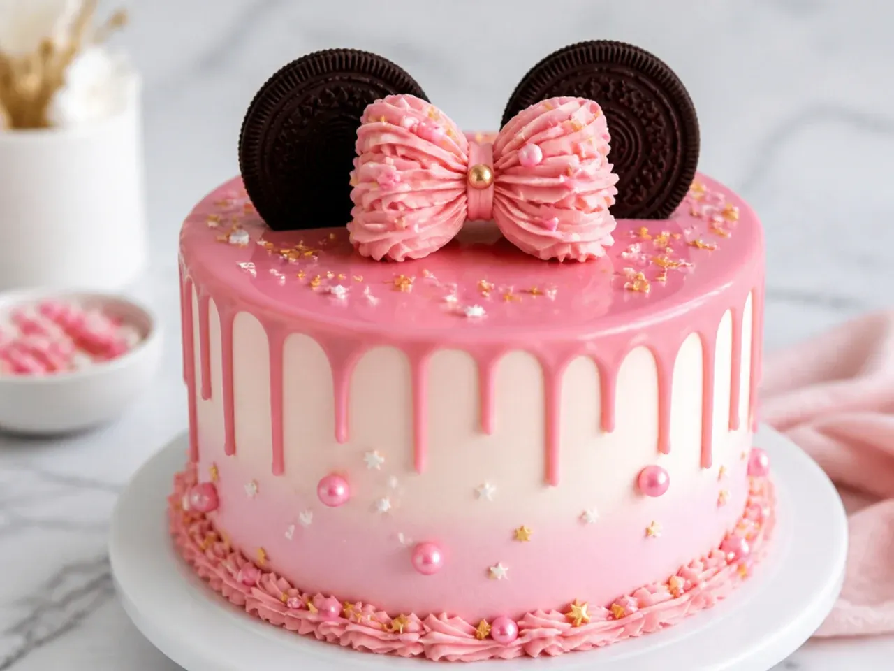 Modern pink drip Minnie Mouse cake idea with chocolate cookie ears and a piped bow