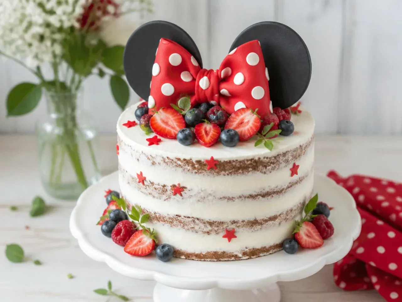 Rustic semi-naked Minnie Mouse cake idea with fresh berries and a polka dot ribbon bow