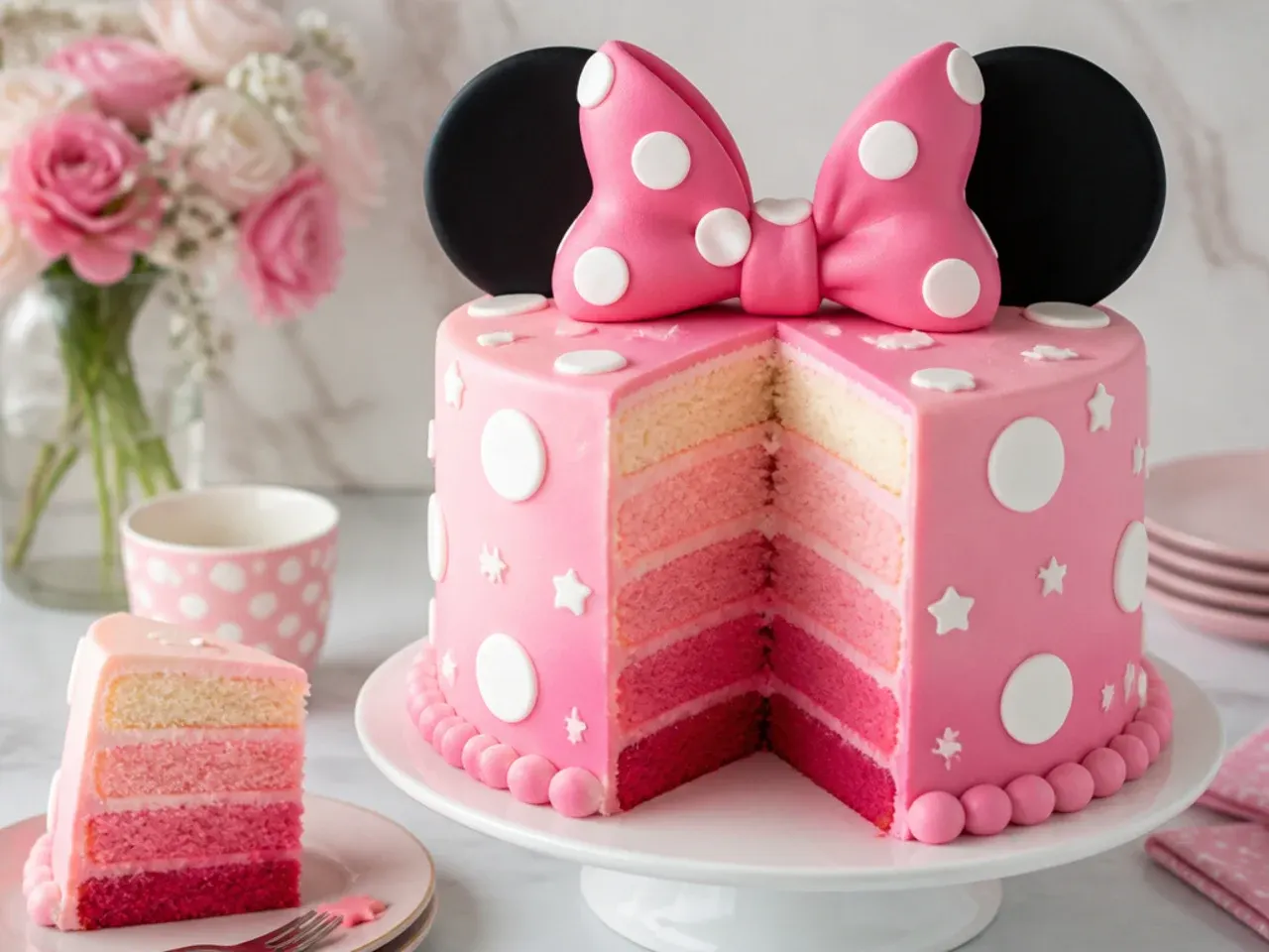 Colourful pink ombre Minnie Mouse cake idea with hidden gradient layers and polka dots