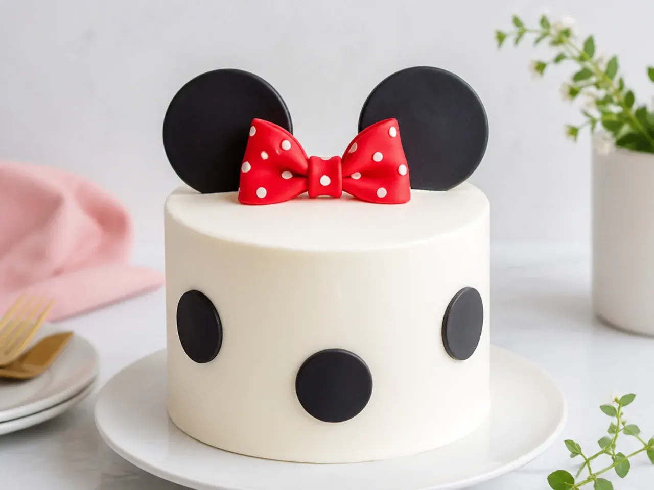 Minimal white Minnie Mouse cake idea with three oversized black dots and a small red bow