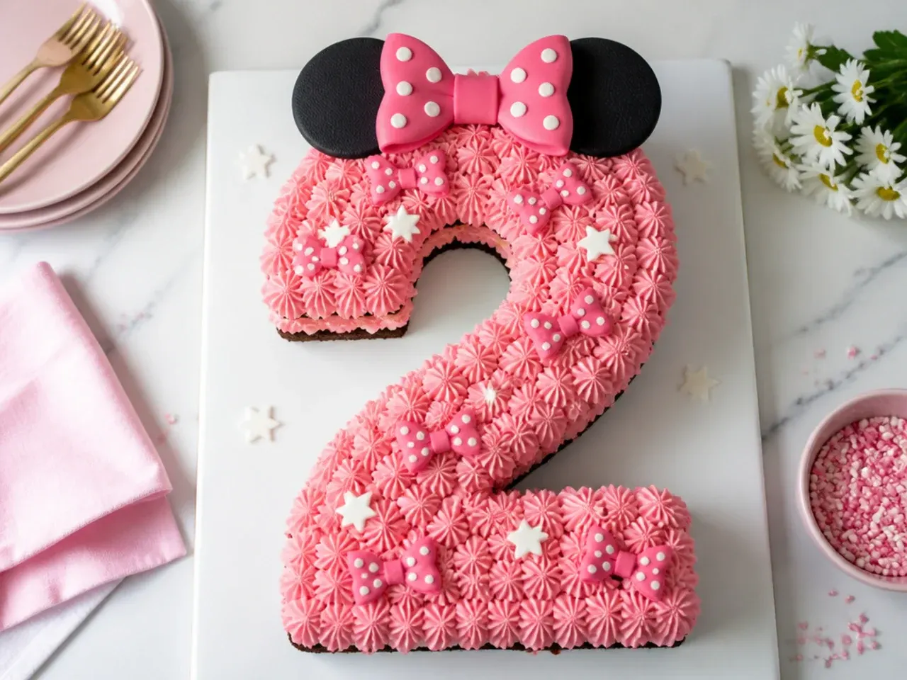 Festive number-shaped Minnie Mouse cake idea piped with pink buttercream and mini fondant bows