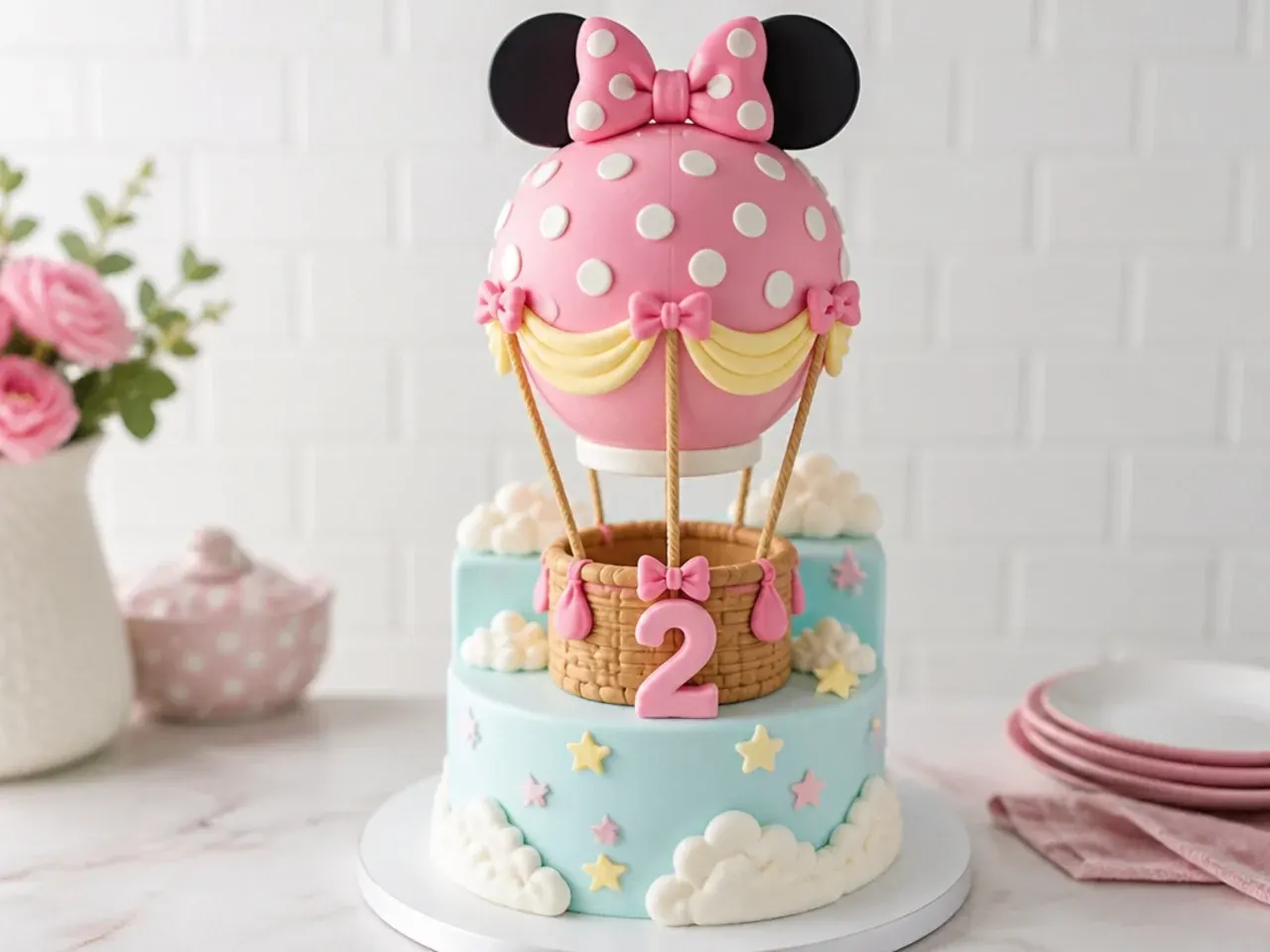 Whimsical pastel hot air balloon Minnie Mouse cake idea with polka dots and piped clouds