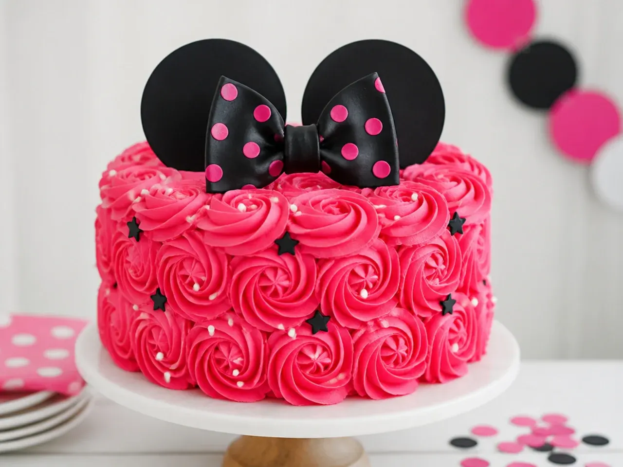 Bold hot pink rosette Minnie Mouse cake idea piped with a Wilton 1M tip and black bow topper