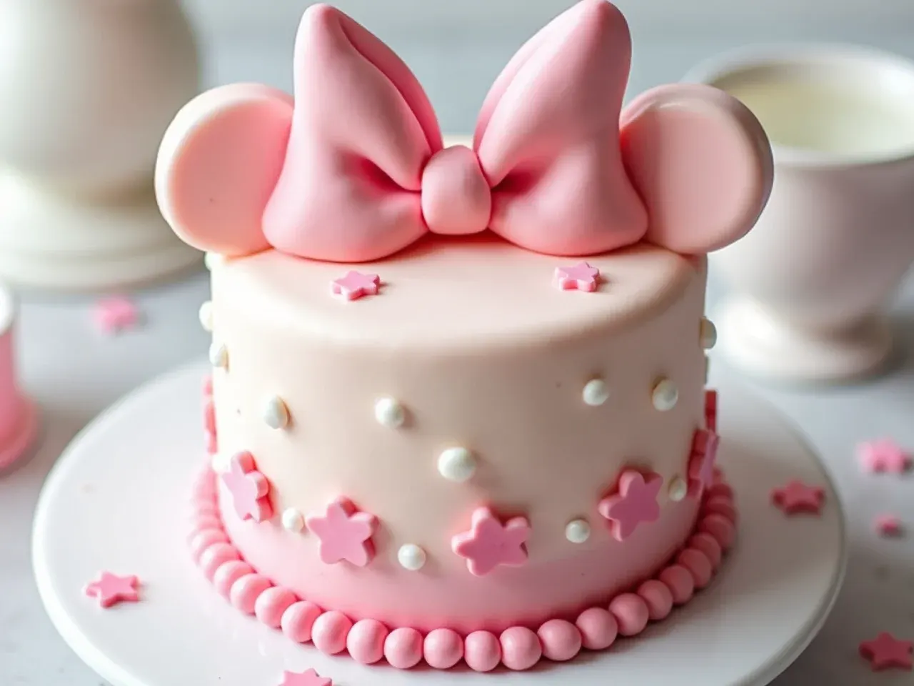 Delicate watercolour buttercream Minnie Mouse cake idea with sugar pearls and a blush bow