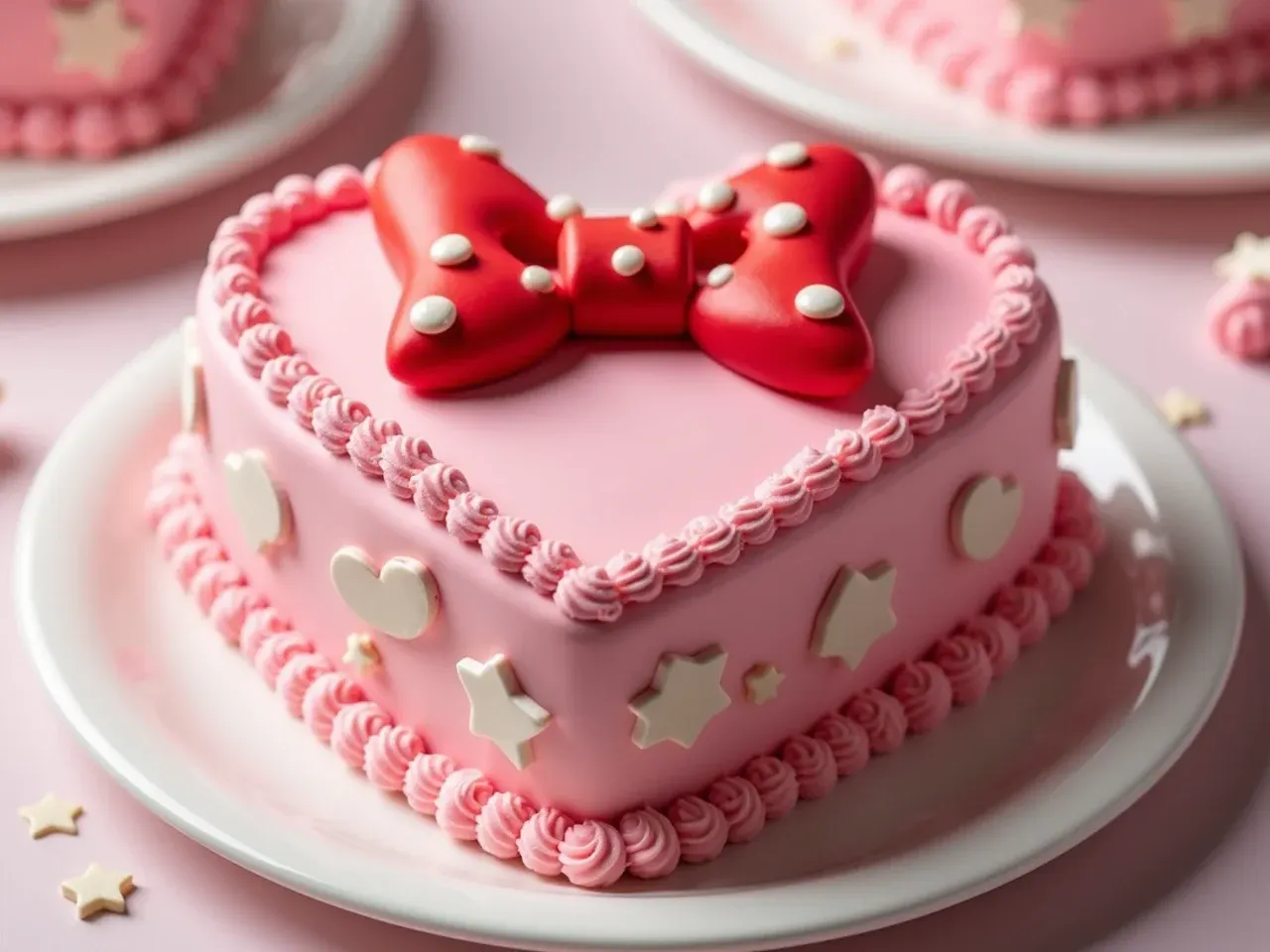 Vintage heart-shaped Minnie Mouse cake idea with retro piped shell borders in pink and red